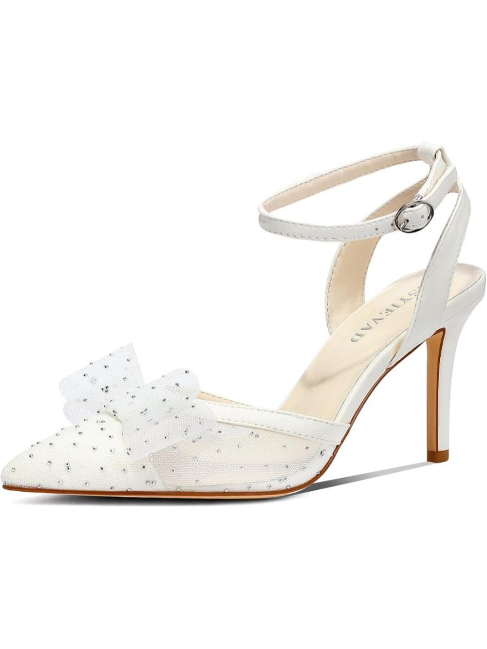 Women's White Pointed Toe Pumps Bow Sparkly Rhinestone Ankle Strap Stiletto Heel